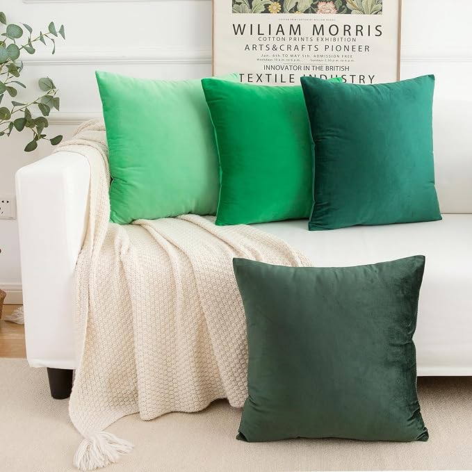 Velvet Decorative Throw Pillow Covers, Soft Square Cushion Case Home Decor for Living Room Couch Bed Sofa, Set of 2 Pack, Dark Green, 20x20 Inch
