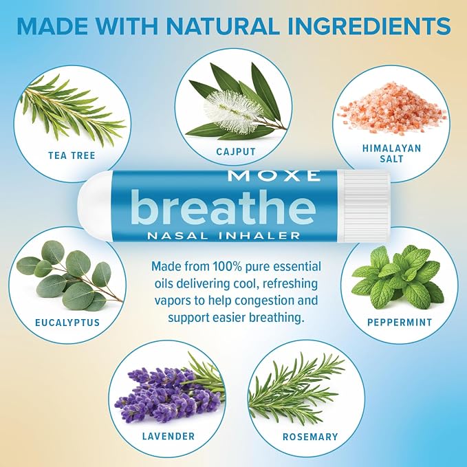 MOXE Breathe | Himalayan Salt Inhaler | Help Clear Congestion, Boost Focus and Improve Breathing | Natural Aromatherapy | Peppermint, Lavender and Tee Tree Essential Oil (3 Pack)