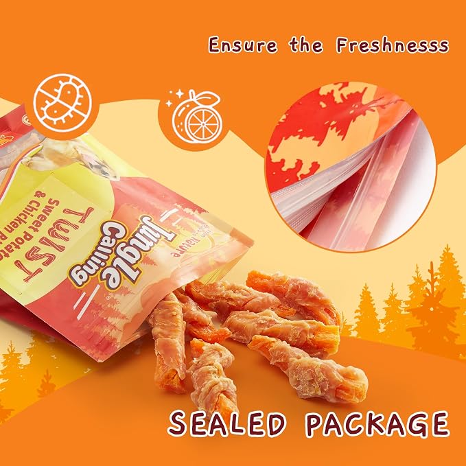 Jungle Calling Chicken & Sweet Potato Treats, Fiber-Rich, Digestible Chews | For Small to Large Dogs, Rawhide Free, Stomach-Friendly, High-Protein, No Artificial Colors, Ideal for Daily Rewards, 10.6 Oz