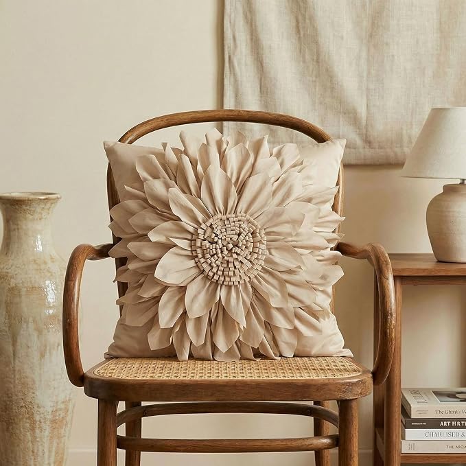 Beige Taupe Accent Flower Decorative Throw Pillow Covers for Bed Sofa Couch | Bella's Giftshop Handmade Sunflower Taffeta Pillow Cases Living Room Bedroom Decor, 18x18 Inch