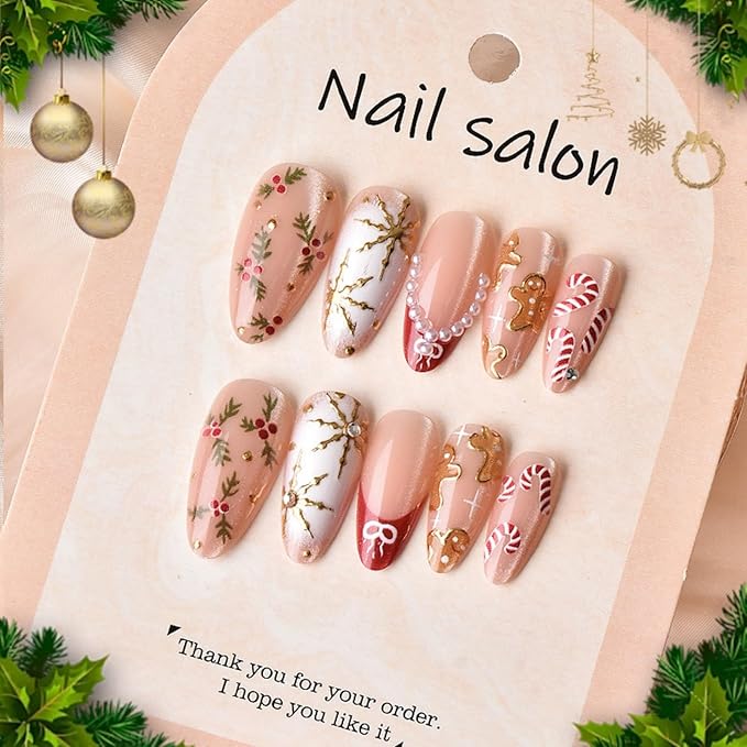 Christmas Press on Nails Gingerbread Man Fake Nails Holly Glue on Nails with Candy Cane Design Medium Almond False Nail Glossy Full Cover Artificial Acrylic Xmas Stick on Nail for Women Manicure 24Pcs