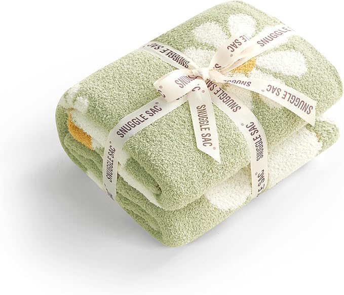 Snuggle Sac Spring Flower Throw Blanket for Couch, Fuzzy Microfiber Warm Winter Daisy Floral Blankets, Cute Throws for Girls Daughter Gifts, Flower Sage Green, 50x60 inches