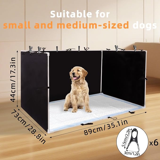 Dog Pee Pad Holder with High Walls 35"x29"x17.3" No-Splash Indoor Dog Potty Box with 6 Clamps, Foldable Potty Training Toilet for Large Small Medium Dogs Puppy Potty (Black)