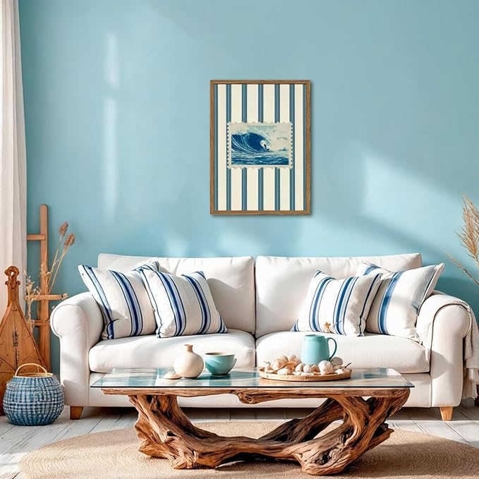 Vintage Surf Stripe Wall Art Trendy Coastal Wall Decor Painting Blue and White Beach Surf Poster Canvas Print for Bedroom Living Room Bathroom 12x16 inch Wood Framed