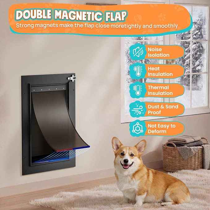 2-Flap Medium Dog Door for Wall, All Aluminum Doggy Door, Pets Up to 45 LB | Magnetic Seal, Energy Efficient, Wide Telescoping Tunnel for Walls, Durable Rust Resistant, Closing Panel, Safety Locks