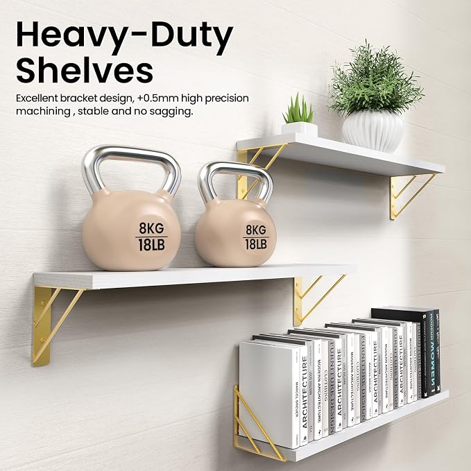 BAYKA Wall Shelves for Bedroom Decor, Floating Shelves for Living Room Kitchen Storage, Wall Mounted Rustic Wood Shelves for Kids Books,Corner Shelves for Bathroom(White and Gold，23in，Set of 3)