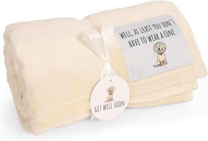 Solsken Home Get Well Soon Blanket – At Least You Dont Have to Wear A Cone Funny Get Well for Women & Men, Surgery, Illness, Sympathy & Comfort Throw, Ivory 50"x65"