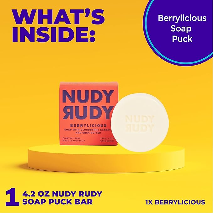 Nudy Rudy Berrylicious Soap Bar Puck, Made with Organic Shea Butter and Arctic Cloudberry, Triple Milled Bar, No Harsh Ingredients, All Skin Types, 4.2 oz, Made in Australia