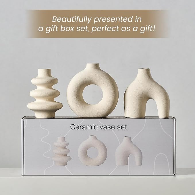 White Ceramic Vase Set of 3, Small Flower Vases for Pampas Grass | Modern Boho Vase for Decor, Round White Vases Centerpieces for Wedding Living Room Bedroom Coffee Table Dinner Table