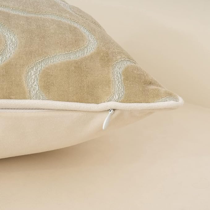 Beige Square Throw Pillow Cover Wavy Velvet Cushion Cover Modern Zippered Pillowcase for Sofa Couch Bedroom Living Room Chair, 18 x 18 Inch