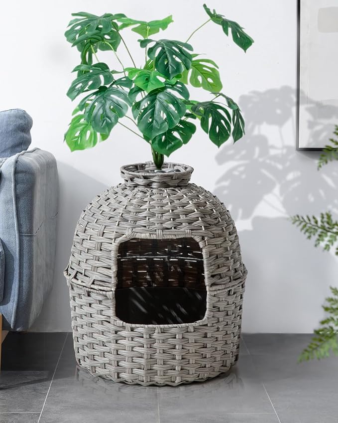 SETVSON Cat Litter Box Plant Enclosure, Hidden PE Rattan Litter Box, Gray | Decorative Planter Design, Handwoven Washable PE Rattan, Removable Top with Artificial Plant & Stones Included, Easy Cleaning