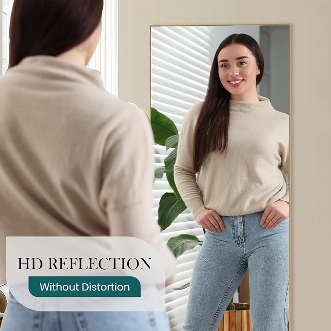 DUMOS 70.4"x25.6" Full Length Mirror with Stand, Full Body Floor Mirror | Free Standing or Wall Mount, Nano Glass Aluminum Frame, Hanging or Leaning, Modern Simple Home Decor, Gold