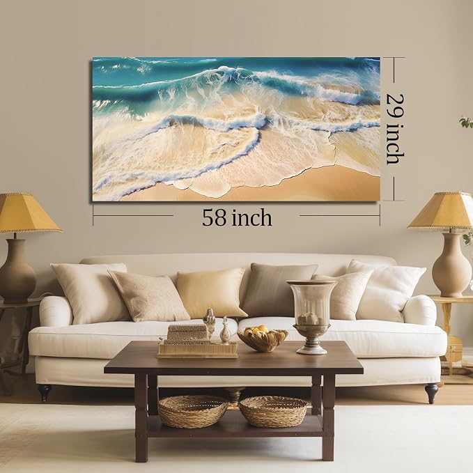 DNIEOTU Large Beach Wall Art for Living Room, Ocean Waves Canvas Wall-Decor for Bedroom, Landscape Picture Prints for Hallway Office, Size 59 x 29 Inches