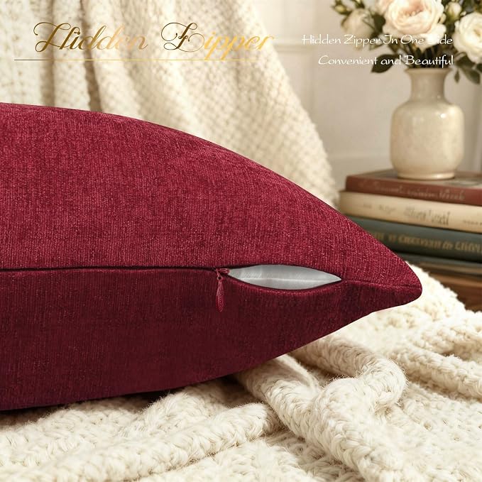 BRAWARM Throw Pillow Covers 20x20 Inches - Burgundy Chenille Pillow Covers Pack of 2, Solid Dyed Soft Chenille Pillow Cases for Couch Sofa Bed Home Decoration