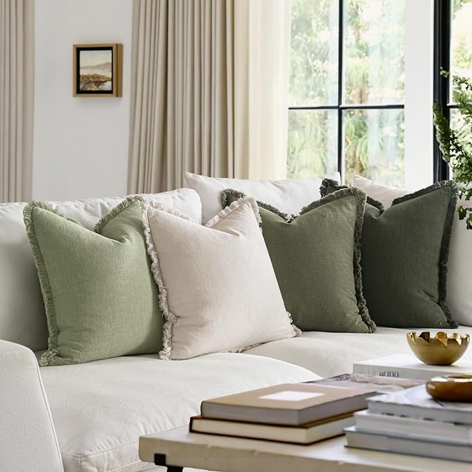MIULEE Fall Linen Fringe Pillow Covers Set of 4 22x22 Beige/Sage Green | Boho Farmhouse Decorative Throw Pillow Covers, Neutral Soft Rustic Cushion Cases, for Couch Sofa Bed Living Room Home Decor