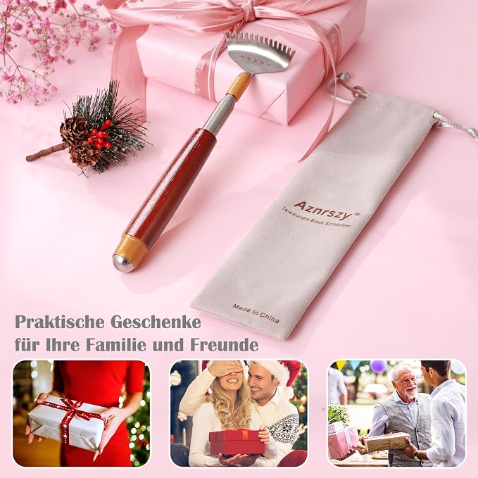 2Pcs Back Scratchers Extendable with Wood Handle & Body Massager | Body Scratcher for Women Men, Stainless Steel Curved Claw, Expandable for Instant Itch Relief, Multi-Functional Roller Ball