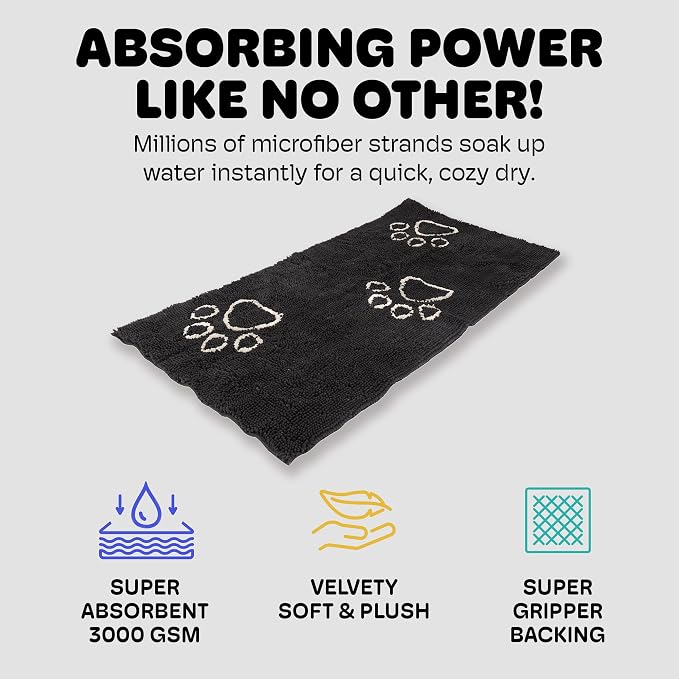 Dog Gone Smart Dirty Dog Doormat - Fast Drying Rug with Super Gripper Backing for Clean Floors - Super Absorbent and Machine Washable Mat for Muddy Paws - Black Hue | Fast Drying Rug with Super Gripper Backing for Clean Floors - Absorbent Microfiber an...