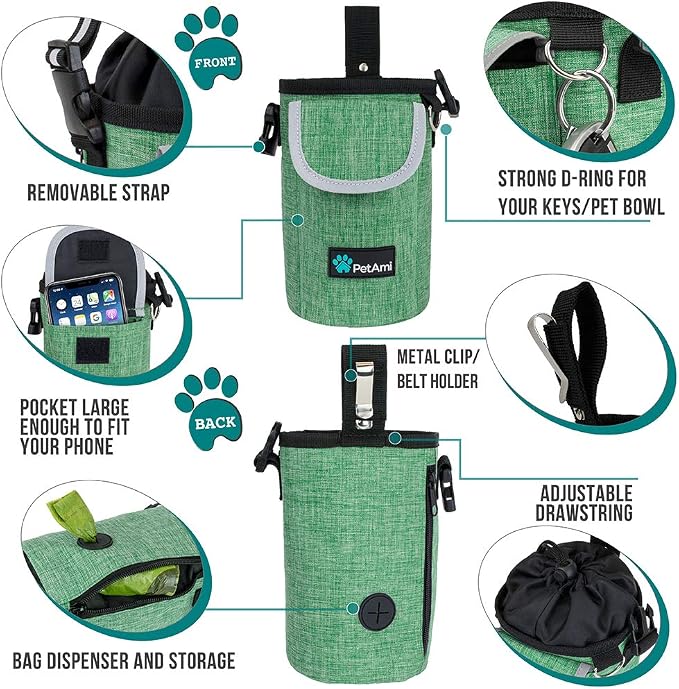 PetAmi Dog Treat Pouch, Large Hands-Free Training Bag, Green