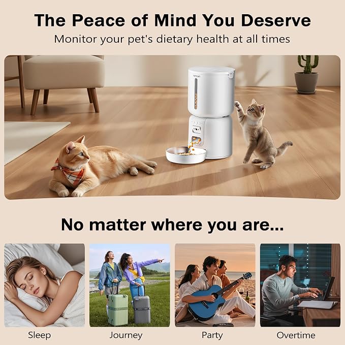 Automatic Cat Feeder with Camera, 4L Automatic Pet Feeder, Dual Power Supply, Smart Cat Food Dispenser with 2MP Night Vision & Two-Way Audio for Cats and Small Dogs, White