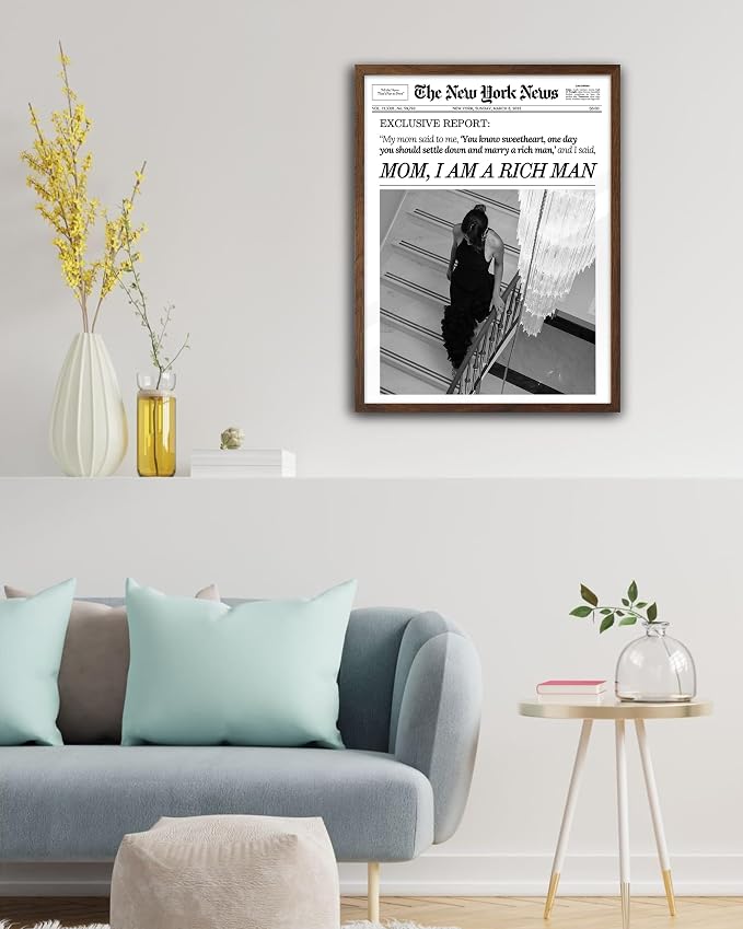 EcoHest 12x16 in Mom I Am a Rich Man Newspaper Framed Wall Art | Walnut Color Solid Oak Frame, Canvas Wall Art, Girly Fashion Magazine Decor for Bedroom, Apartment, Dorm, College Room, 1Pack
