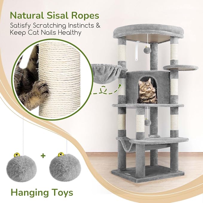 Globlazer Corner Cat Tree Tower with Scratching Post, C51, Light Grey | 51in Space-Saving Multi-Level Cat Condo for Indoor Cats with Hammock, Large Top Perch for Large Cats, Cozy Cat Cave