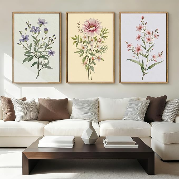 ANHUIB Boho Floral Canvas Wall Art, Framed Minimalist Beige Wildflower Wall Decor, Neutral Botanical Painting 16x24 Inch Set of 3 for Living Room Bedroom Dining Room
