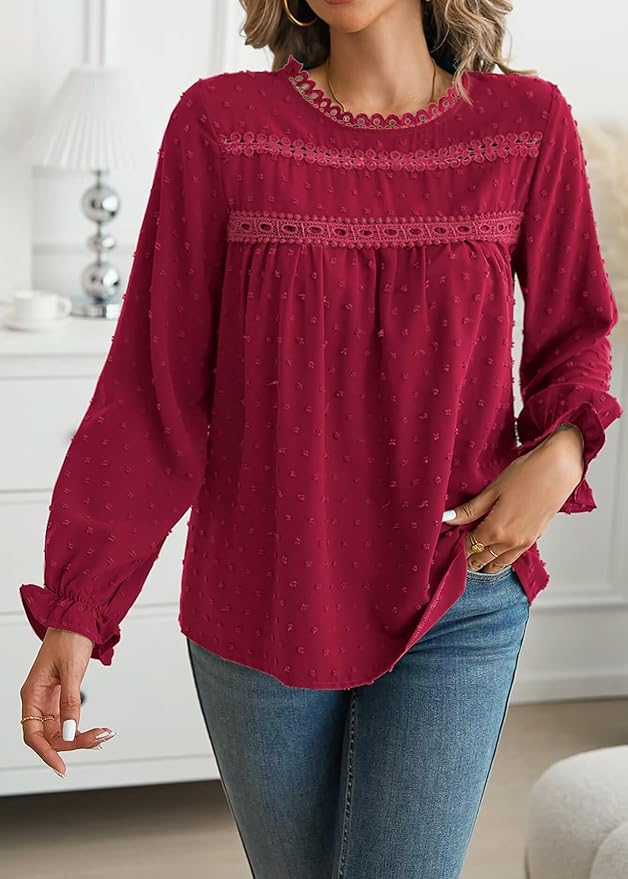 Womens Boho Tops Long Sleeve Shirts For Women Cute Crewneck Blouse Dressy Casual Swiss Dot Crochet Hollow Top 2026
