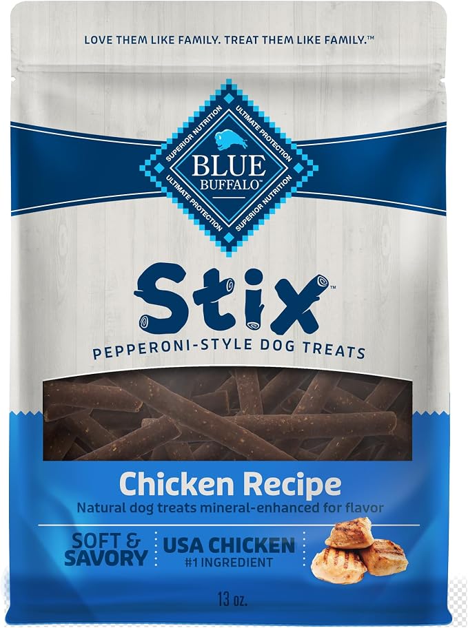 Blue Buffalo Stix Chicken Pepperoni-Style Dog Treats, 13 oz | Real Chicken #1 Ingredient, Soft & Easy to Tear, Developed by Veterinarians & Nutritionists, Great for Training