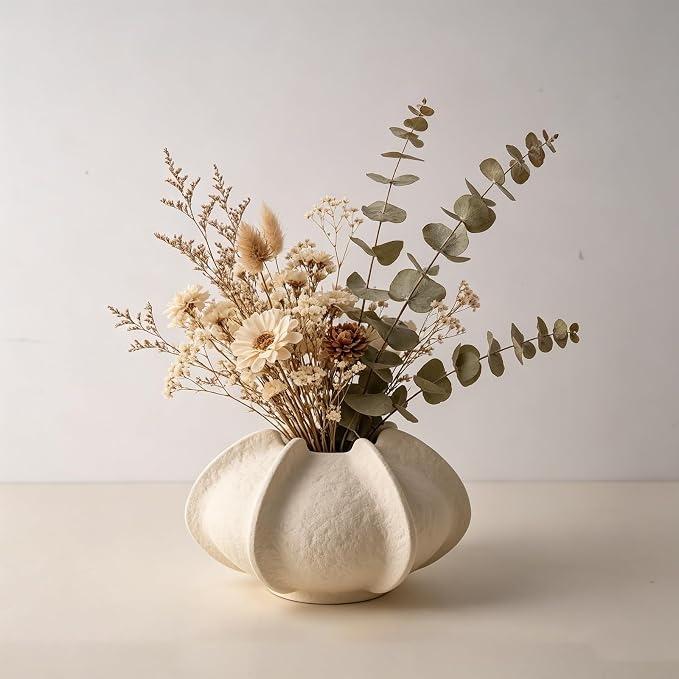 Ceramic Flower Vase Home Decor,3.9" Rustic Vintage Starfruit Shaped Beige Terracotta Vases，Modern Boho Living Room Farmhouse Table Vases Living Room Decor，Shelf Coffee Dining Desk Fireplace