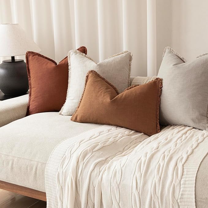 Foindtower Set of 2 Decorative Linen Fringe Throw Pillow Covers Cozy Boho Farmhouse Cushion Cover with Tassels Soft Accent Pillowcase for Couch Sofa Bed Living Room Home Decor, 26×26 Inch,Orange Brown