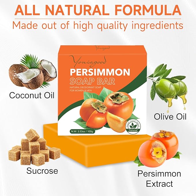 yoniagood 3 PCS Persimmon Soap Bar for Body Odor Control, Natural Deodorant Body Bar Soap for Old People Smell, Remove Strong Smell, Organic Eliminating Odor Wash Soap for Women & Men