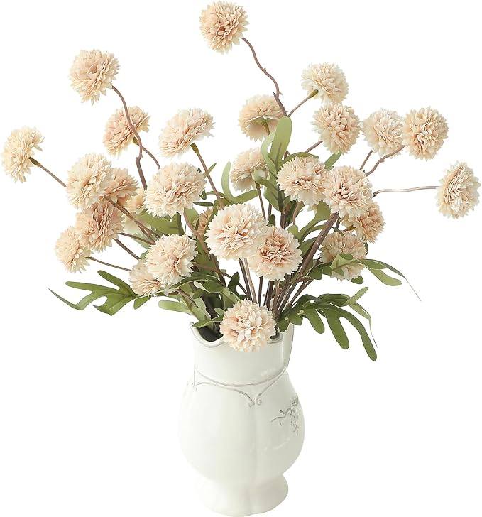 6pcs Beige Faux Silk Mums Artificial Flowers, Bulk Fake Small Mini Chrysanthemums with Stems for DIY Champagne Wedding Centerpieces Floral Arrangements Vase Fillers Home Decorations