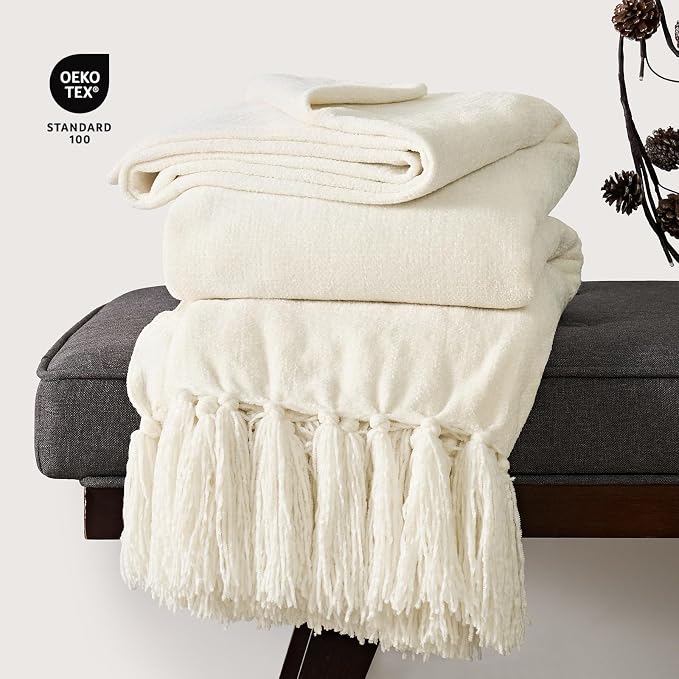 Chenille Knit Throw Blanket for Couch, 50"x60", Ivory White | Cozy Plush Fuzzy Knittd Throw with Tassels, Lightweight, Decorative, Farmhouse Decor, Ideal for Bed Sofa Gift, All Seasons