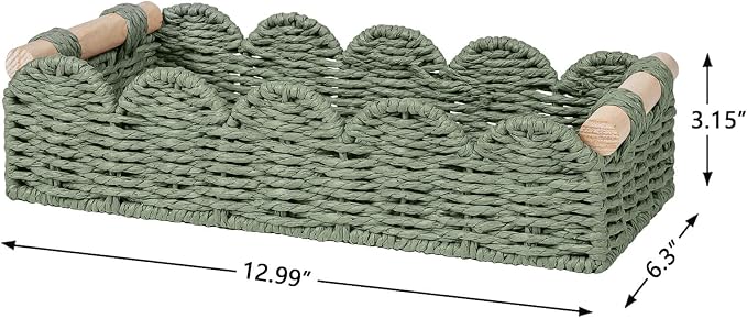 CubesLand Toilet Paper Storage Basket Organizer, Small Wicker Decor Basket | Toilet Tank Top Decorative Basket for Countertop, Handwoven Scalloped Basket W/Handle for Home Decor Living Room, Green