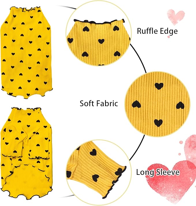 Pet Clothes for Small Dogs Cat Summer Fall Heart Print Shirt Stretchable Ruffle Long Sleeve Outfits for Chihuahua Schnauzer Shih Tzu Yorkie (Yellow, X-Small)