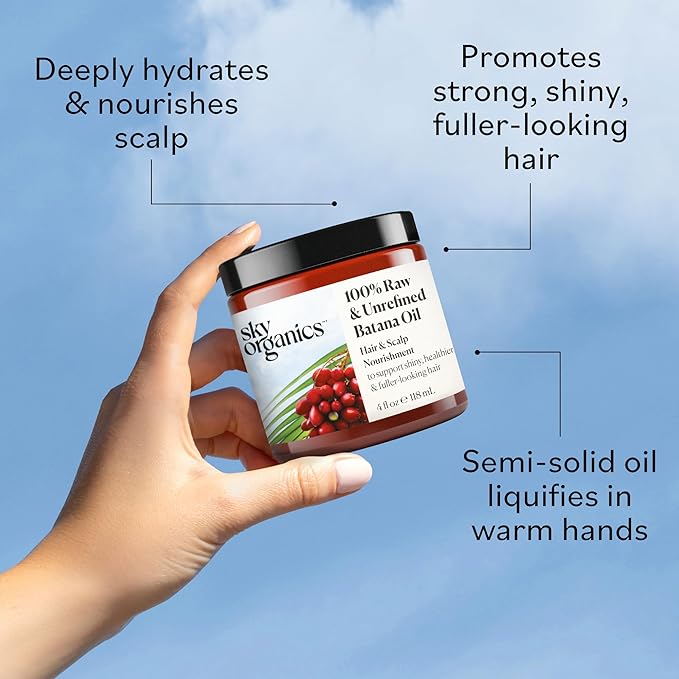 Sky Organics - Batana Oil, 4 fl oz - 100% Raw & Unrefined - Hair & Scalp Nourishment - Fatty Acids, Antioxidants, & Vitamins - Sourced from Honduras - Vegan & Cruelty Free - Hair Care & Self Care