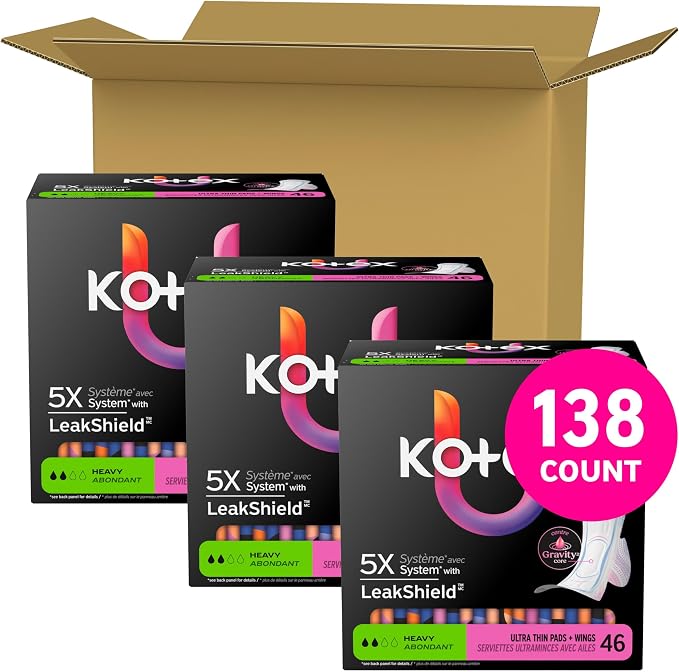 Kotex Ultra Thin Pads with Wings, Heavy Absorbency, 138 Count (3 Packs of 46)(Packaging May Vary)