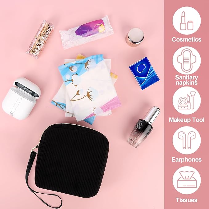 Corduroy Period Pouch Small Discreet Period Bag Sanitary Napkin Storage Bag Cute Menstrual Pad Pouch Tampon Bag for Purse Portable Wristlet Makeup Bags for Women Ladies Black