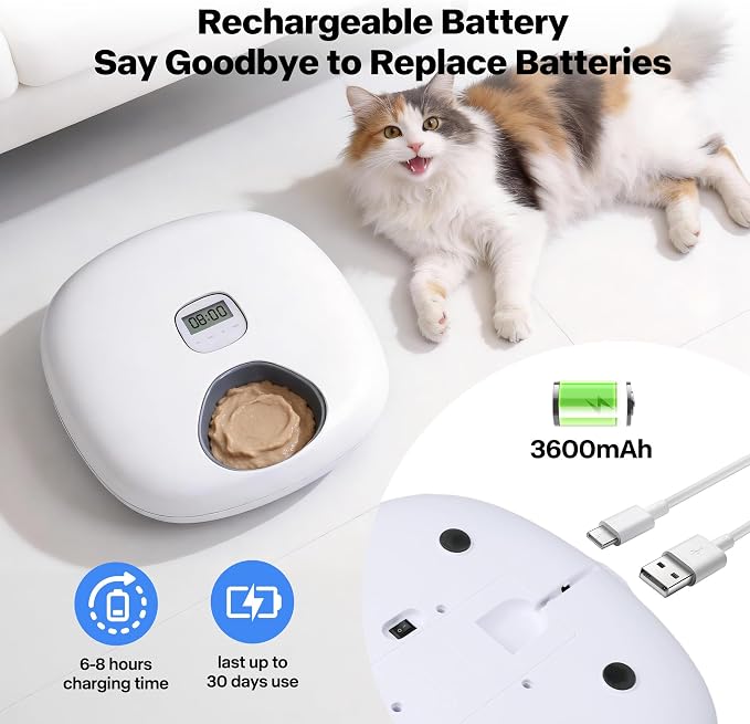 PetPrime 6-Meal Automatic Cat Feeder with Two Ice Packs,Cordless Rechargeable Cat Food Dispenser for Cats and Small Dogs Wet Food Auto Pet Feeder White