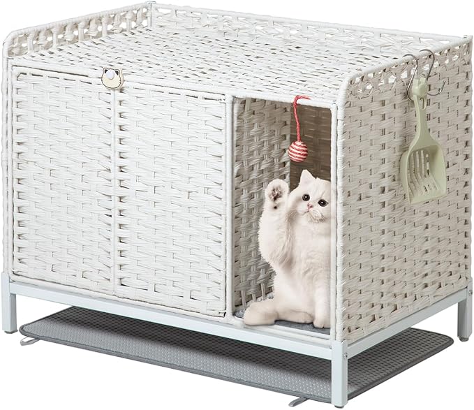 SETVSON Cat Litter Box Enclosure Furniture with Divider, Hidden House White | Handwoven PE Rattan with Washable Mat, 3.54-In Heightened Metal Feet, 31.2 x 19.6 x 24.2 Inches Spacious Cabinet
