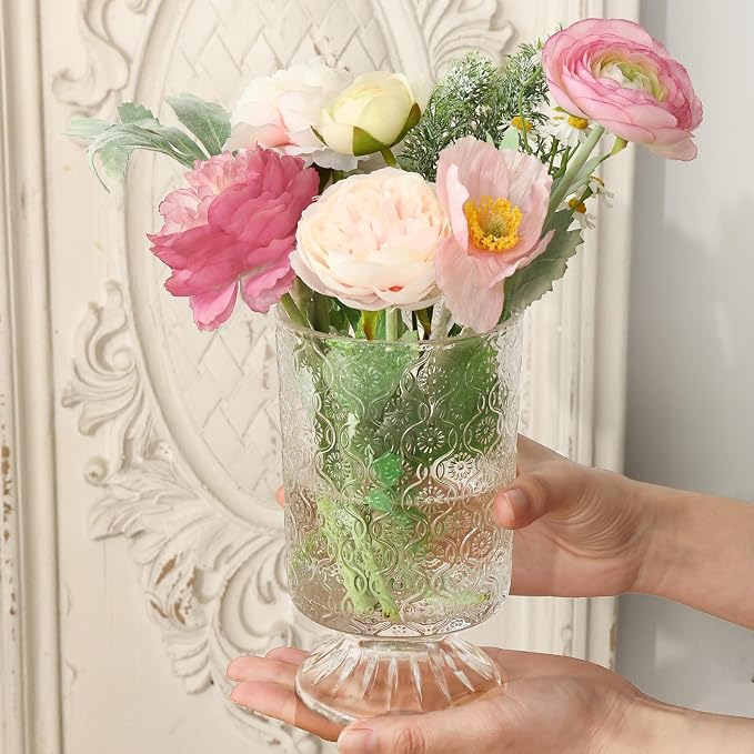 Fixwal 3pcs Vintage Glass Vases, Clear Vases for Wedding Home Decoration | Embossed Base Vases for Wedding Decoration (H:7" D:4"), Ribbed Glass Containers for Home Decor