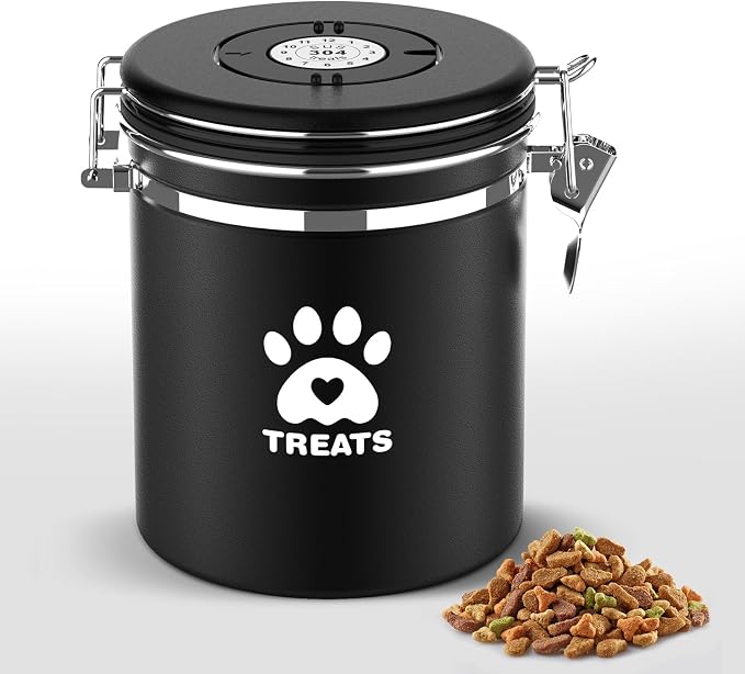 ENONCI Airtight Dog Treat Canister, 304 Stainless Steel Food Storage Jar with Date Dial Black-1.5L