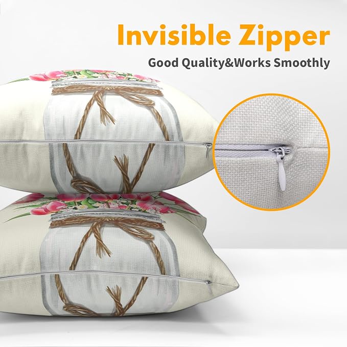 Kawani Spring Flowers Tulip Pillow Covers 20x20 Set of 2 Watercolor Pink Floral Leaves Mason Jar Decorative Pillow Cases Cotton Linen Cushion Cover for Couch Sofa Outdoor Home Decor