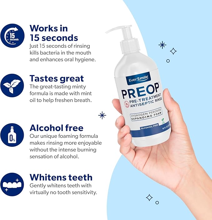 EverSmile PreOp Foaming Rinse – Pretreatment Antiseptic Mouthwash with Hydrogen Peroxide Foam – Alcohol Free Whitening Rinse with Minty Formula to Fight Bad Breath – 100 Uses Per 16 oz Bottle (1 Pack)