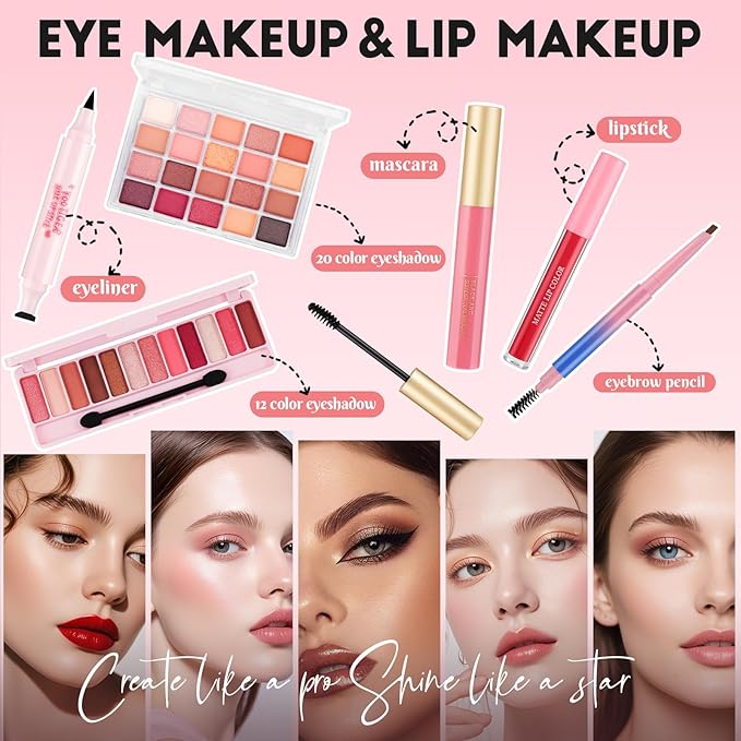 All In One Makeup Kit for Teen Girls Beginners with Foundation,Eyeshadow, Lipstick, Eyeliner, Mascara, Brushes, Bag, Travel Friendly MakeUp Gift Set, Birthday Gifts for Teen Girls, Graduation Gifts