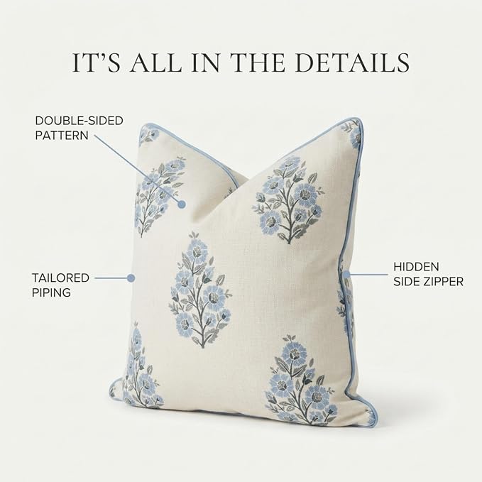 “The Camille” Decorative Pillow Cover – Blue & Whitel Floral Block Print Pillow Cover – Grandmillennial Home Decor, 24" x 24"