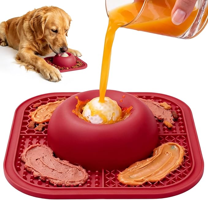 Slow Feeder Dog Bowls & Lick Mat for Liquid and Thick Treat, Anti-Slip Dog Lick Bowl with Interactive Rolling Ball, 5/6 Cup Pup Licking Toy for Large Medium Small Dogs and Cats Red
