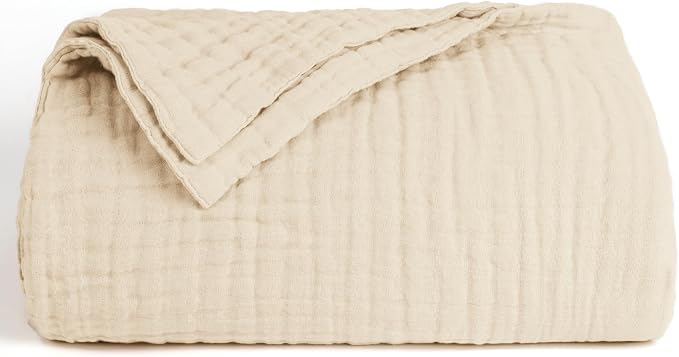 Love's cabin 100% Cotton Muslin Blanket, 6 Layer Lightweight Breathable Gauze Large Throw Blanket 50 x 70 Inches, Soft Cooling All Season Blanket for Couch or Sofa, Beige