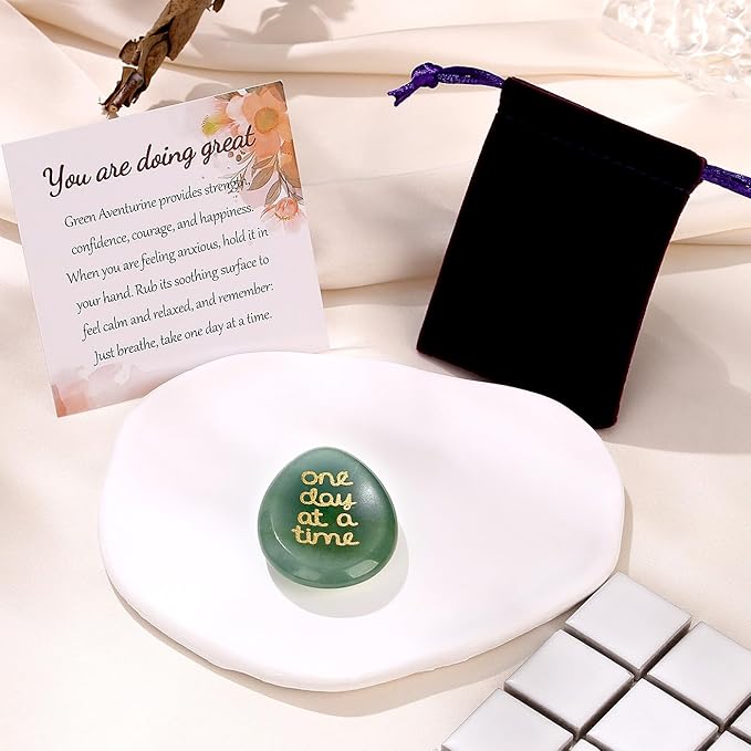 One Day at A Time Green Aventurine Thumb Worry Stone for Anxiety Crystals Hand Thumb Stones Pocket Thinking of You Gifts for women Inspirational Worry Stones for Stress Relief Sobriety Gifts for Her