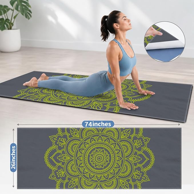 Yoga Mat Towel, Hot Yoga Non Slip with 4 Corner Pockets, 74 x 26 in | Soft Absorbent Microfiber With Four Corner Pockets, Fits Over Yoga Mats For Hot Yoga, Pilates, Gym, And Travel